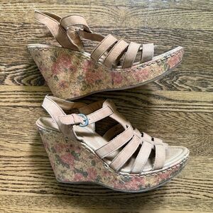 Tan Wedge Sandals with Floral Pattern